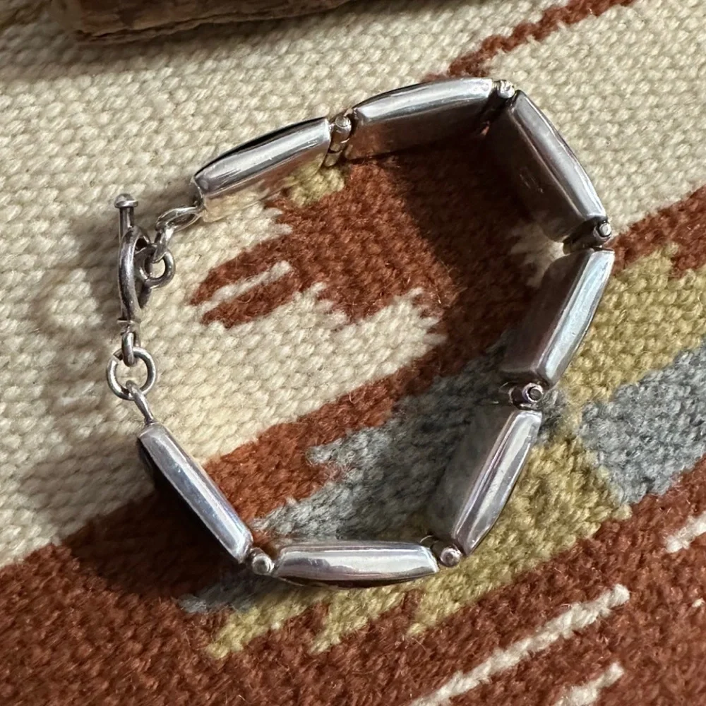 TAXCO Sterling Silver Onyx Cabochon Linked Toggle Bracelet